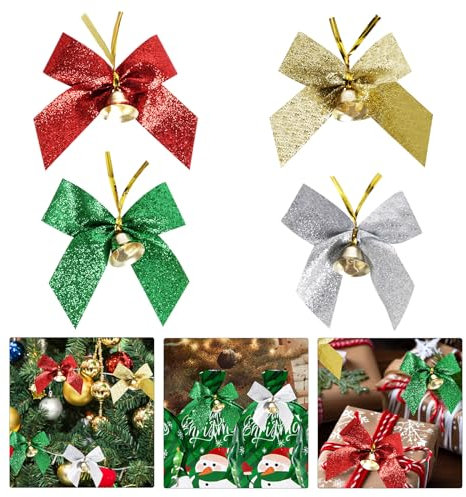 Weihnachtsbaumschleifen mit Glöckchen, 8,9 cm, kleine Weihnachts-Glitzer-Schleifen, Kränze, Schleifen für Weihnachtsdekorationen, Urlaub, Süßigkeiten, Kekse, Geschenkverpackungen (Gold, Silber, Grün,