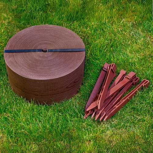 UNIGARDIA Flexible Lawn Edging 10 m with 20 Securing Pegs - Height 13 cm, Thickness 3 mm - Plastic Grass Border & Flower Bed Garden Edging - Easy to use, UV resistant, Brown with Wooden Design