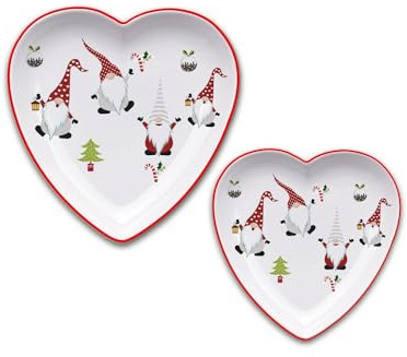 ARCA, Set di 2 Piatti in Porcellana a Forma di Cuore, con Decorazione Natalizia Gnomi, Resistenti e duraturi, Ideali per la Tavola, Idea Regalo di Natale, in Diverse Misure