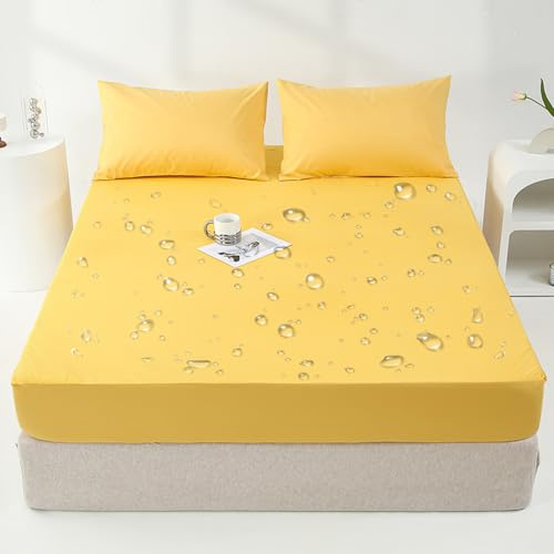 Highdi Wasserdichter Spannbettlaken, Spannbetttuch Weich Matratzenschoner Bettlaken Bis 30cm Matratzenhöhe, Spannbetttücher für Kinder Erwachsene (90x200cm,Gelb)