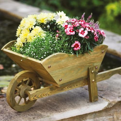 Large Wooden Wheelbarrow Planter - Decorative Pinewood Outdoor Garden Plant Pot Flower Holder with Plastic Liner & Rotating Wheels for Patio, Decking, Balcony, Yard - H31.5 x W70 x D32cm, Tan