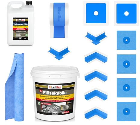 Isolbau Dicht-Set - Inkl. 1x Flüssigfolie (25 kg), 1x Tiefengrund PRO (5 L), 1x Dichtband (30 m), 1x Dichtbahn (10 m), 4x Innenecken, 2x Außenecken, 4x Manschetten 120mm & 2x Manschetten 150mm
