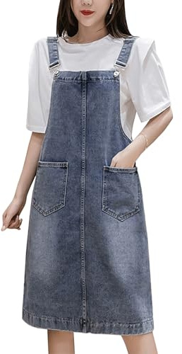Yishengwan Salopette Gonna Donna Jeans Lunga Vestito Salopette Overall Denim Vestiti con Tasca Blu L