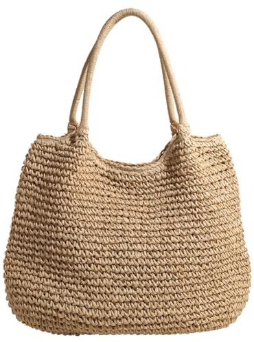 Starnearby Sac de Plage en Paille Femme, Tote Bag à Main Tissé, Sac Porté Épaule Élégant, Fourre-tout Mode Vintage pour Voyage, Date et Vacances