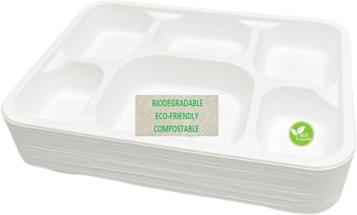 PACK OF 25, LARGE STRONG DISPOSABLE PLATES 6 Compartment Party Lunch Dinner Plates Super Rigid Biodegradable Eco Friendly Compostable Dinner Plates Perfect for All Occasions Party Plates