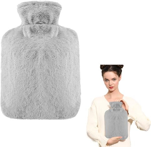 Bouillotte avec Housse en Peluche Douce,Bouillotte Eau Chaude pour Adulte & Enfant,Bouillotte à Eau Bouillotte,Bouillotte en Caoutchouc Naturel Bouillote Amovible et Lavable,Bouillote Antifuite (Gris)