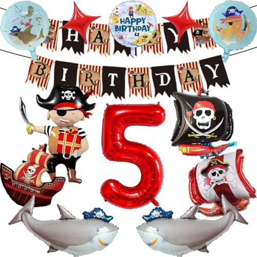 Piraten Geburtstagsdeko, 5 Jahre deko kindergeburtstag, Piraten Figurenförmige Aluminiumfolienluftballons, GeburtstacBanner, Zahlenballons