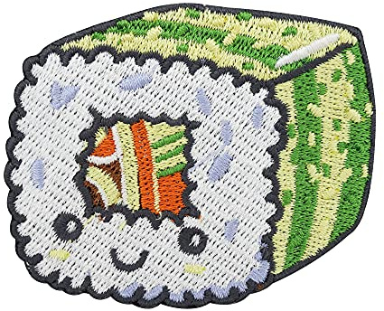 Finally Home Grüner Kawaii Sushi Patch zum Aufbügeln - Fisch Food Aufnäher | Motiv für Sushi-Fans: Asiatisches Essen, Fisch, Reis & Lachs. Als Bügelbild für Tasche & Beutel.