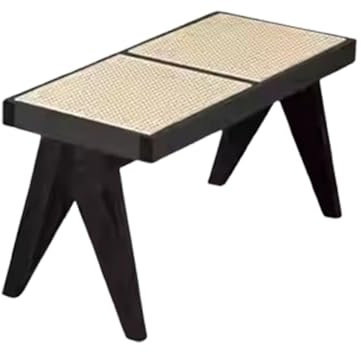 Boho-Rattan-Bank aus Massivholz, Fußhocker, Küchensitz mit Rattan-gewebter Oberseite, Mitte des Jahrhunderts, moderne Bettbank für Flur, Esszimmer, Schlafzimmer (Schwarz, 85,5 x 49,5 x 45 cm)