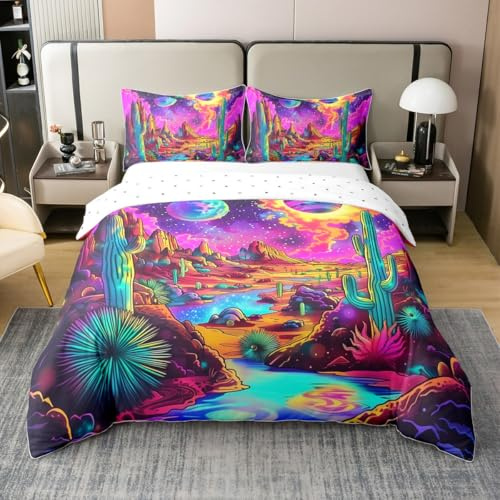 Colorful Desert 100% Natural Cotton Bedding Set Super King Size,Bohemian Cactus Plants Western Adventure Duvet Cover 3pcs for Kids Room Decor,Gothic Galaxy Sky Comforter Cover,Not Comforter