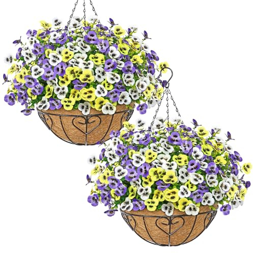MEIVINES Artificial Flowers Hanging Basket 2PCS Fake Flowers Hanging Baskets Artificial Hanging Plants Outdoor Silk Flower Faux Plants Basket for Garden Ornaments Outdoor (Multicolor)