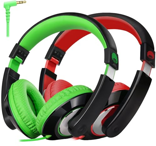 Rockpapa Comfort Kids Headphones for School, Lightweight Childrens Boys Girls Teens Over-Ear Headphones Wired 3.5mm for CD DVD Player Tablet Phone Travel Black/Green+Black/Red