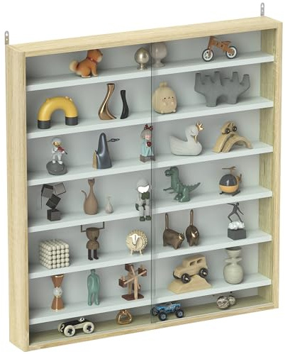 HOMCOM 7-Tier Wall Mounted Display Cabinet Glass Doors 80x83cm Oak | Display Case, 6 Adjustable Shelves, for Home Office Ornaments