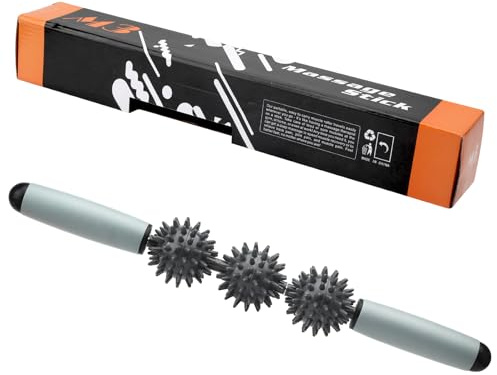 UOCAI Igelball Massageroller mit Griff, 40cm Faszienstab mit 3 Igelbälle | Massage Roller Rolle Faszienrolle mit Noppen, Massagerolle Massagestab Muskelroller, für Rücken Beine Nacken Schulter