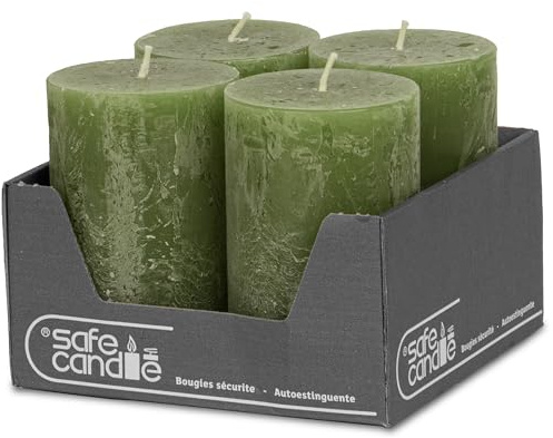 DecoLite Stumpenkerzen Rustik 11 x 7 cm 4er Set, 51h, Olive | Made in Germany, RAL-zertifiziert, durchgefärbte Rustik Kerzen, ruß- & tropffrei, für Hochzeit & Gastronomie, selbstlöschend