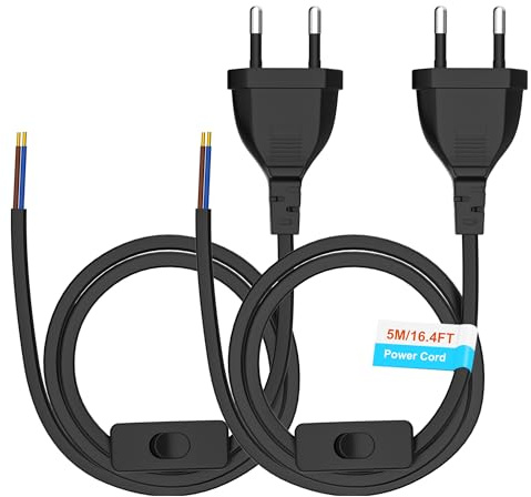 Euro Netzkabel mit Schalter [2 Stück], 5 Meter Euro Stecker Stromkabel, 2 X Ersatzkabel Anschlusskabel mit Schalter Typ C, 2 x 0,75 mm², für Leuchten, Lampen, Leuchtmittel, Schwarz