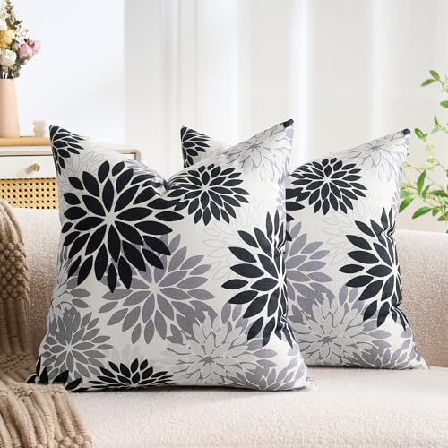 Kissenbezug 40x40cm Herbstdeko Dahlie Pillow Case Moderne Kissenhüllen Outdoor Kissen Deko Wohnzimmer 2er Set Schwarz Grau Sofakissen Blumen Dekorativ Kissen Für Draussen Drinnen Möbel Dekor