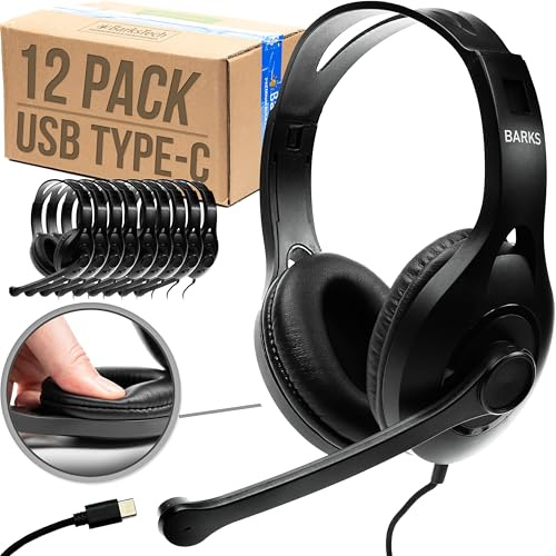 Barks USB-C Classroom Headphones with Microphone (12 Pack) – Durable On-Ear Bulk Headphones for Students K-12 Schools (USB Type-C Plug Compatible with Newer Chromebooks, iPads, Tablets & Most Laptops)