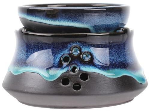 Homoyoyo Keramischer Teewärmer mit Blauem Stövchen und Tasse Natürlicher Tee Heizofen Retro Design Aromafördernd Dekoratives Teezubehör für Zuhause