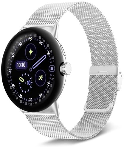 KeeFos Metallarmband kompatibelt med Google Pixel Watch 4 41 mm/Google Pixel Watch 3 41 mm/2/1, klockarmband i rostfritt stål för kvinnor och män, metalltyg, ersättningsarmband – silver