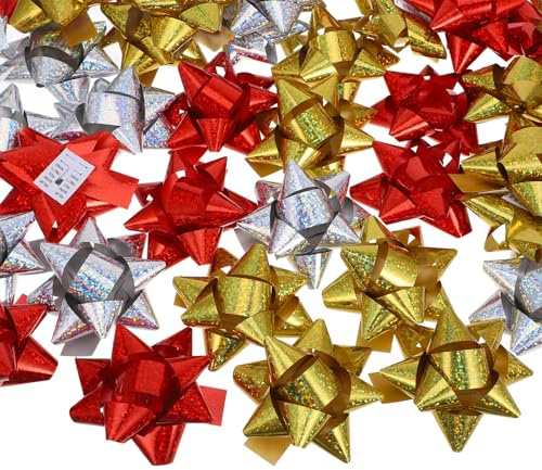 OHPHCALL 100 Selbstklebende Reflektierende Stern Dekoschleifen 8cm Ø Mehrfarbig Geschenkverpackung Weihnachts und Bastel Deko Zufällige Farbe