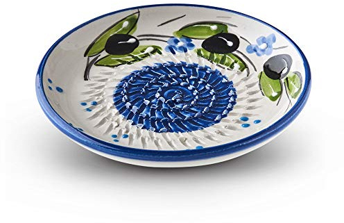 Garlic Grater Plate. (#Ref 20). Handmade and Hand Painted in Cordoba, Spain. White Plate with Blue Circle and Rim, Olive.