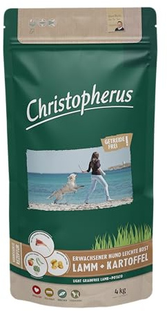Christopherus Light Grainfree, helfoder för vuxna hundar med övervikt eller låg aktivitet, torrfoder, lamm potatis, krokettstorlek ca 1 cm, vuxen hund, 4 kg