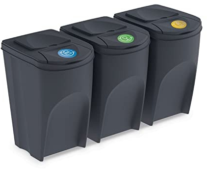 Prosperplast Uppsättning av 3 105L Sortibox plast återvinning kuber i färg Antracit, Stora