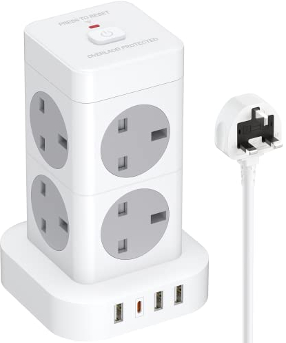 Hulker Tower Extension Lead with USB Slots 2M, 8 AC Outlets and 4 USB Ports Multi Plug Socket Extension Tower, Surge Protected with Switch, Power Strip Outlets Extension Cord for Home, Office, Kitchen