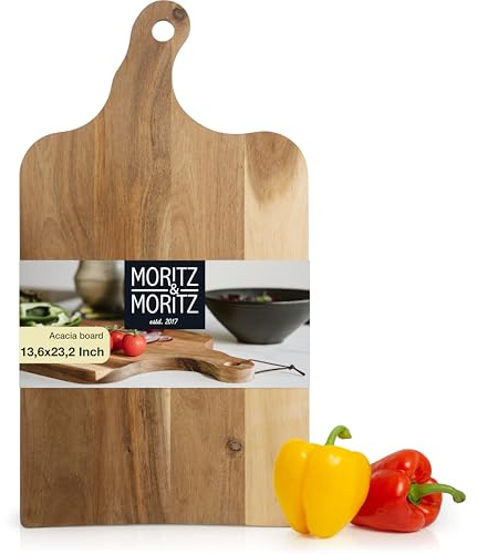 Moritz & Moritz großes Servierbrett Holz mit Griff - 59x32x2 cm - Antibakterielles Akazienholz Brett als Frühstücksbrettchen, Servier Holzbrett oder Käseplatte