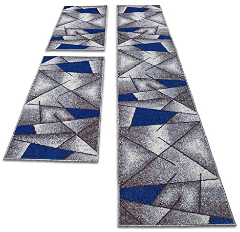 oKu-Tex Bettumrandung Set 3-teilig [67x340 cm | 2 mal 67x140 cm] Blauer Bettvorleger, meliert - weicher Kurzflor pflegeleicht - Teppich Schlafzimmer - Modernes geometrisches Design - Deutsche Marke