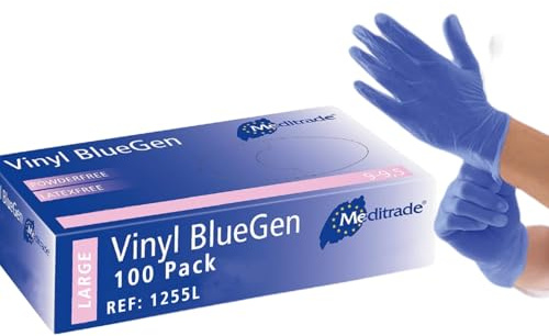 Meditrade BlueGen, Blue Vinyl Examinaiton Gloves, Large, N/S, P/F, x100