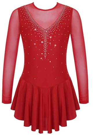 Freebily Kinder Mädchen Eiskunstlauf Tanzkleid Langarm Mesh-Spleiß Gymnastik Ballettkleid Trikot Mit Strass Wettbewerb Tanzkleidung Gr.116-176