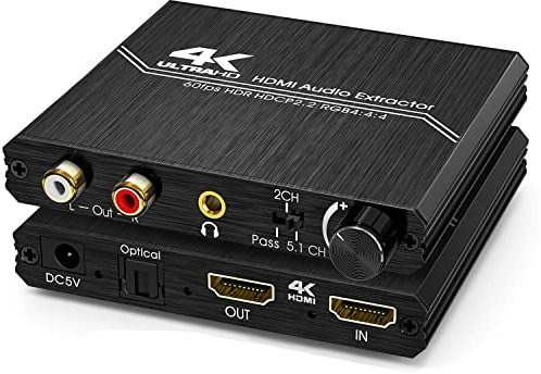 Tendak HDMI 2.0 Audio Extraktor, 4K Audio Splitter HDMI zu Optisch Spdif Toslink 3,5mm AUX Stereo Cinch L/R Konverter mit Lautstärkeregler Unterstützung 4K@60Hz HDCP 2.2 HDR 3D YUV 4:4:4