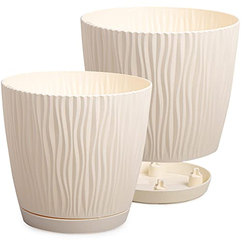 PECZEKO Matte Blumentöpfe - Deko Pflanztopf für Blumen & Kräuter - Langlebige & leichte runde Kunststoff-Pflanzentöpfe für Wohn- Esszimmer, Küche, Terrasse, Balkon - 4er-Set - (Beige, ø 17 cm)