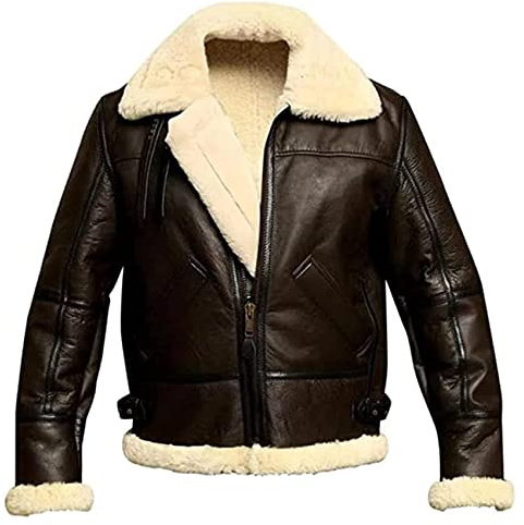 NLAVW Herren Flying Winter Jacket,Shearling Lederjacke Bomber Warm Filling Biker Motorrad Pelz Mantel Jacke,Braun,XL