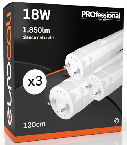 Eurocali 3 Tubi LED 18W 120cm T8 G13 Chip CREE con Starter 1850 Lumen Garanzia 6 Anni - Luce Naturale 4000K Alta Luminosità 102 lm/W - Materiale Nano Plastic Sostituzione Neon per Garage Negozio