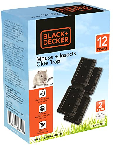 Black+Decker Mouse Trap & Mouse Traps Indoor for Home- Insect Sticky Traps for Mice, Small Rats, Flies, Cockroaches and Other Bugs, Odorless Pest Remover, 12 Pack
