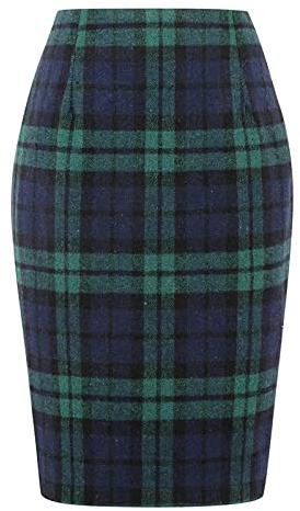 Long Checked Skirts Pencil Plaid Skirts for Women Autumn Winter High Waisted Bodycon Knee-Length Wool Midi Skirt with Slit Suit Women, Green, L