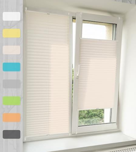 Vkele Plissee ohne Bohren Klemmfix – Faltrollo Jalousie Beige 40x120cm(BxH), Lichtdurchlässig & Blickdicht, Sonnenschutz & Sichtschutz, Easyfix Rollo für Fenster & Tür