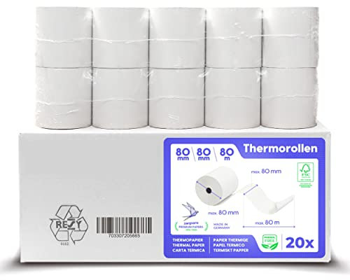 SWIPARO® Thermorollen 80mm x 80mm x 12mm [Universell für gängige Kassensysteme] - Kassenrollen 80x80x12 Thermo - Bonrollen Thermopapier - Geeignet für Drucksysteme mit Papierbedarf bis 80m (20 Stk)