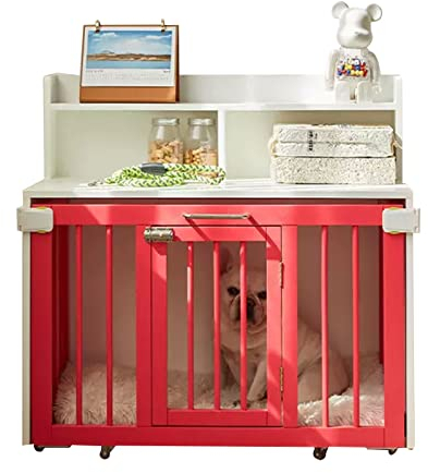 Möbel-Beistelltisch mit Tür, einziehbarer Platz, Hundehütte für den Innenbereich mit herausnehmbarem Tablett, großes Fassungsvermögen, 78,9 cm, Hundebox aus Holz (Rosa)