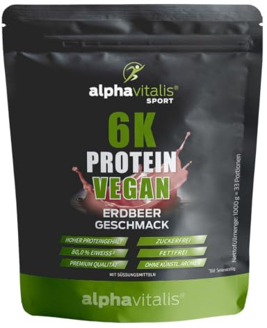 VEGANES PROTEINPULVER Erdbeere 1 Kg pflanzlicher Eiweiß Shake lecker cremig | 6K Mehrkomponenten Protein Shake zuckerfrei fettfrei cremig - pflanzliches Eiweiß - hoher Proteingehalt - Eiweißpulver vegan