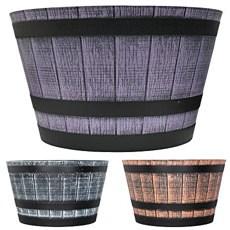 SG Traders Large Half Barrel Cask Planter, Flower Pots Outdoor Garden Planters, Indoor Plant Pot with Drainage Holes, Plastic, Lilac Slate with Black Straps, 40cm