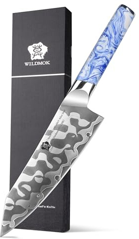 WILDMOK Santoku-Messer 18 cm, ergonomischer blau-weißer Porzellanmuster Harzgriff, japanisches Küchenmesser, ultrascharfes doppelseitiges Kochmesser Qing-Serie