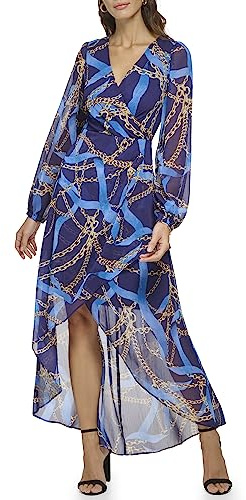 Guess Damen Maxikleid aus Chiffon mit Langen Ärmeln und Schaldruck Lässiges Kleid