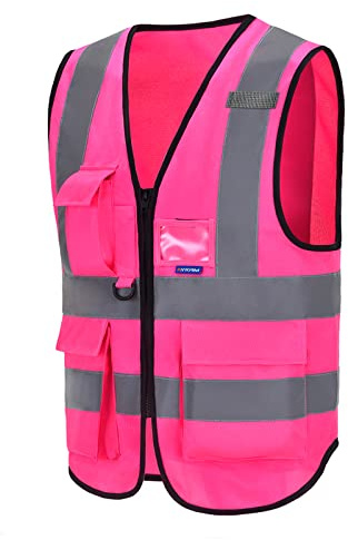 AYKRM Warnweste mit Reißverschluss vorne, hohe Sichtbarkeit, mit Handy- und Ausweisfächern, 21 Farben, rose, S