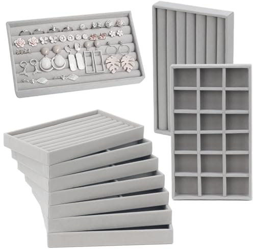 BEYGIH 10 Pack Jewellery Drawers Organiser Tray for Storage Display, DIY Stackable Jewelry Box Adjustable Inserts Wardrobe Dividers Velvet Liner, Ring, Earring, Necklace Holder, Grey, 5 Style