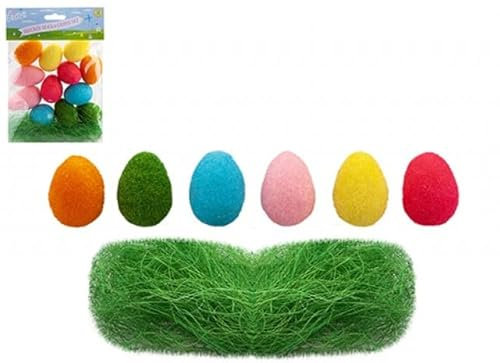 PMS Pack of 12 Flock Decorative Easter Eggs and Grass Set Easter Bonnet Decorating Accessory Kids Easter Decorations Basket Filler Easter Egg DIY Craft Set