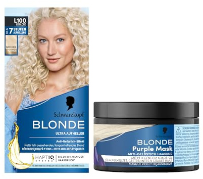 Schwarzkopf Blonde Aufheller L100 Eisblond (175 ml) mit HaptIQ System, für bis zu 8 Stufen Aufhellung & Purple Mask (150 ml) mit Anti-Gelbstich Effekt vegan & silikonfrei